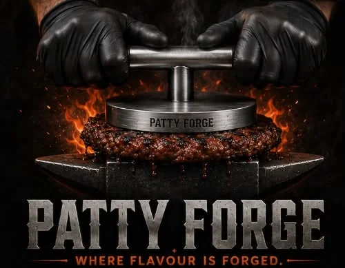 Raw gourmet burger patty on a hot grill, showcasing the premium quality of Patty Forge patties