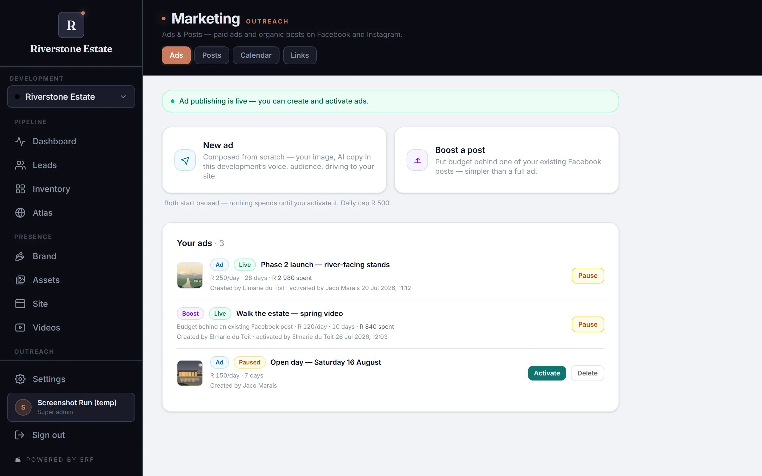 Erf’s Marketing screen — ad and boost composers with the daily spend cap, and a list of running ads