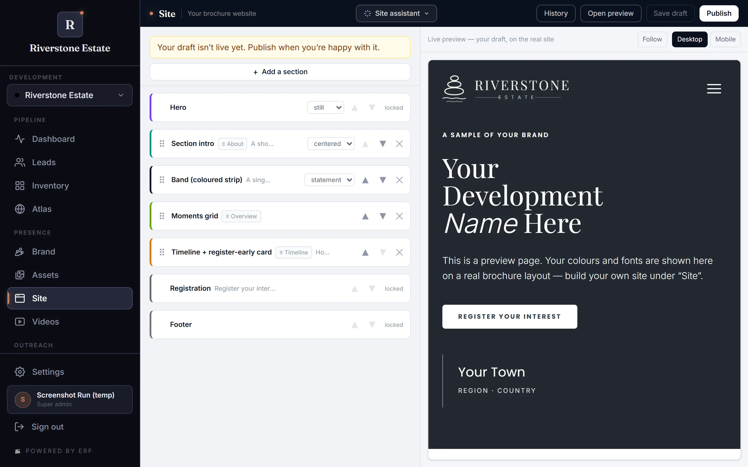 The Erf site editor — blocks on the left, the live site rendering beside them