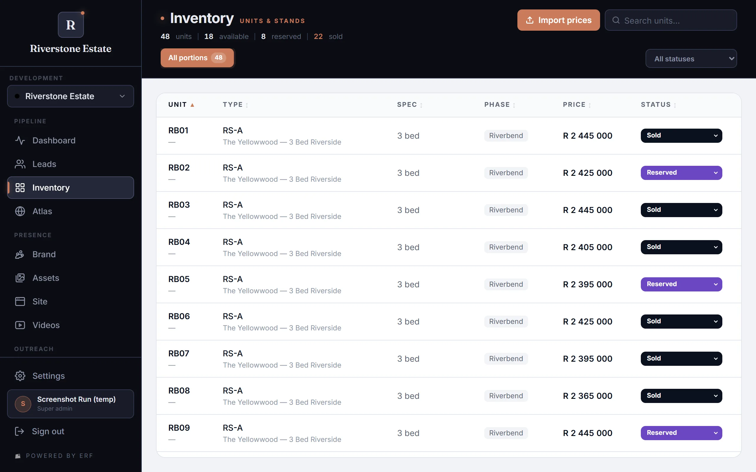 Erf’s unit register — development, phase and unit with prices and statuses